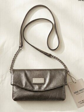 Nine West Metallic Pewter Chain Strap Flap Crossbody Bag
